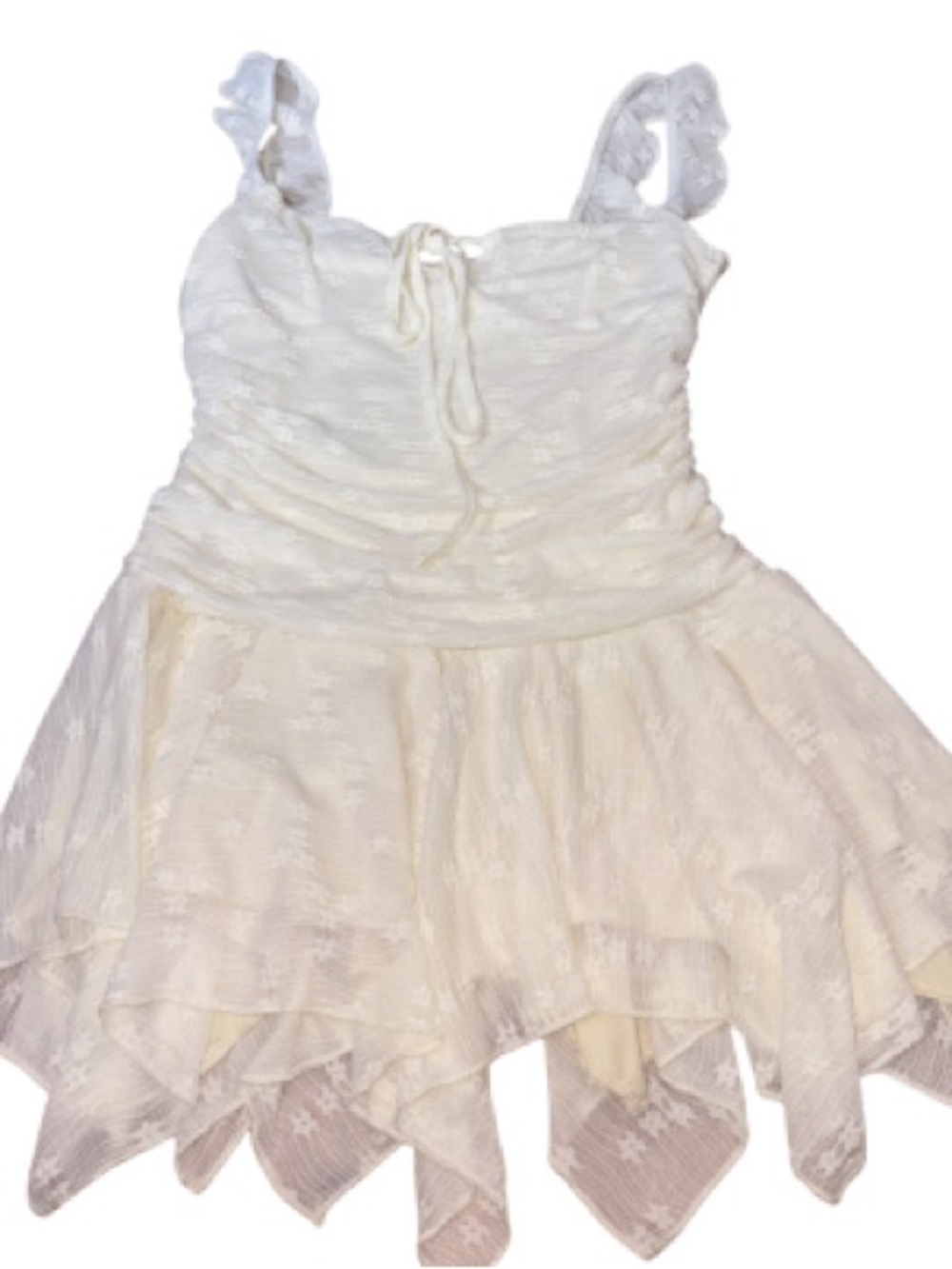Fairycore White Lace Handkerchief Hem Mini Dress Cottagecore Ruffle Strap Size S